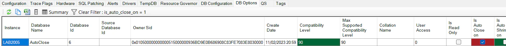 Database Options Drilldown