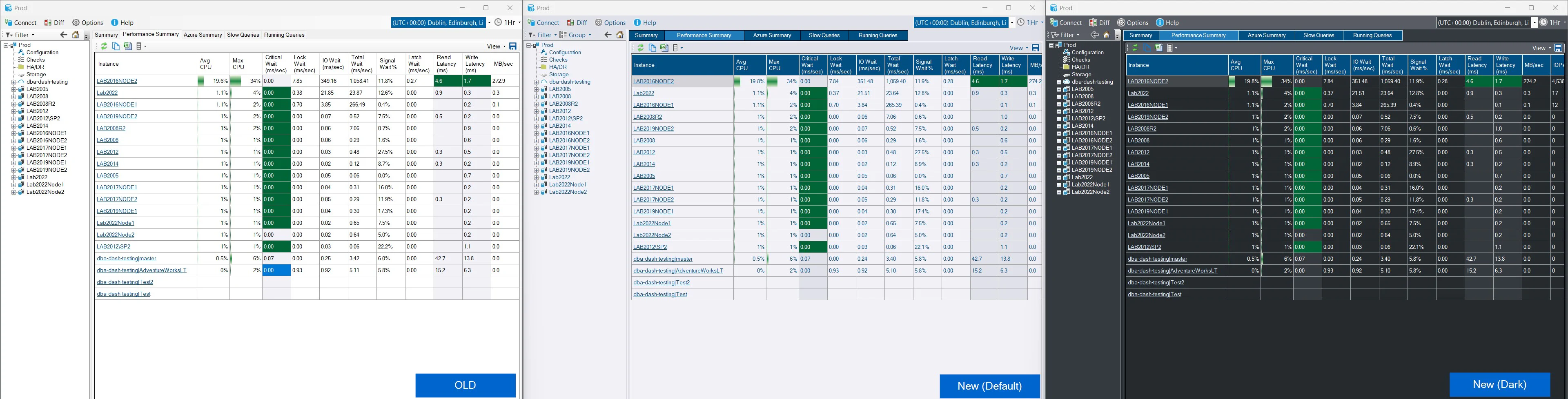 DBA Dash - compare new themes to old version of the application