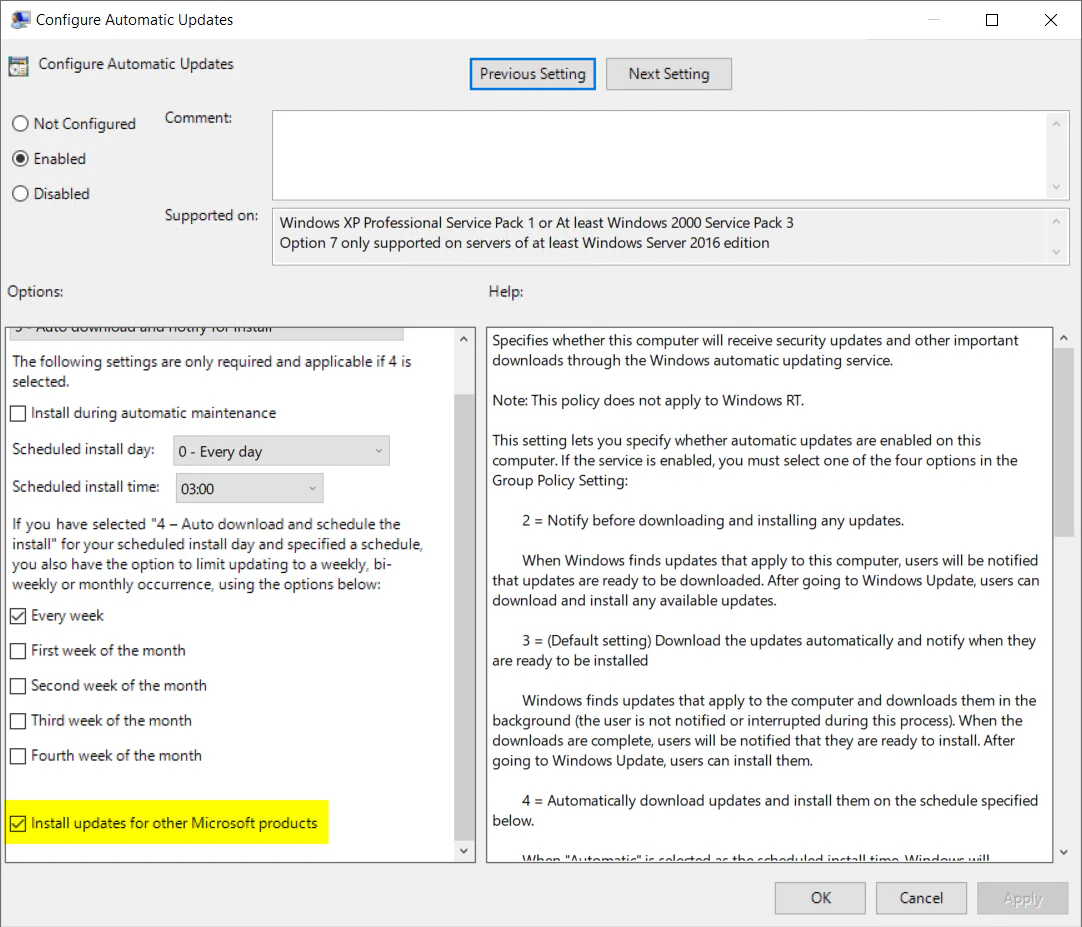 Configuration of updates for other Microsoft products via group policy