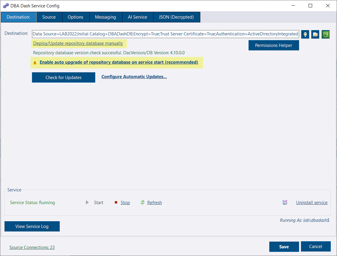 Auto upgrade repository database