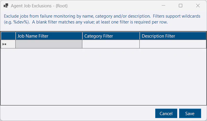 Agent job exclusions dialog