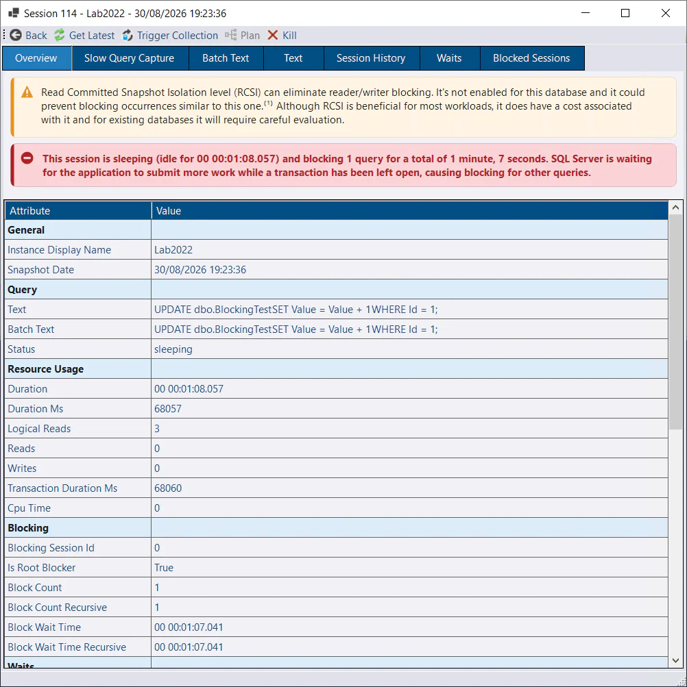 Running Queries - Session ID column link dialog