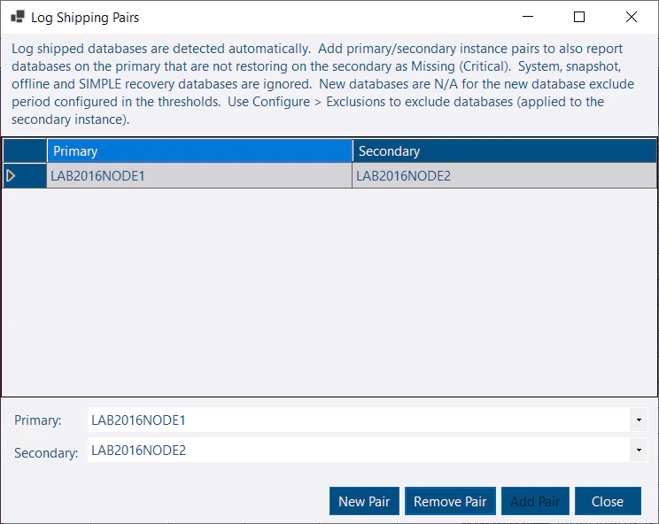 Log shipping pairs configuration