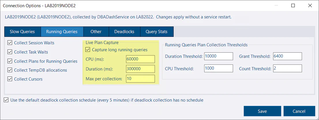 Live Query Plan Capture Configuration