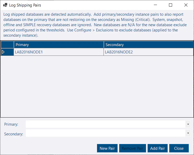 Log shipping pairs