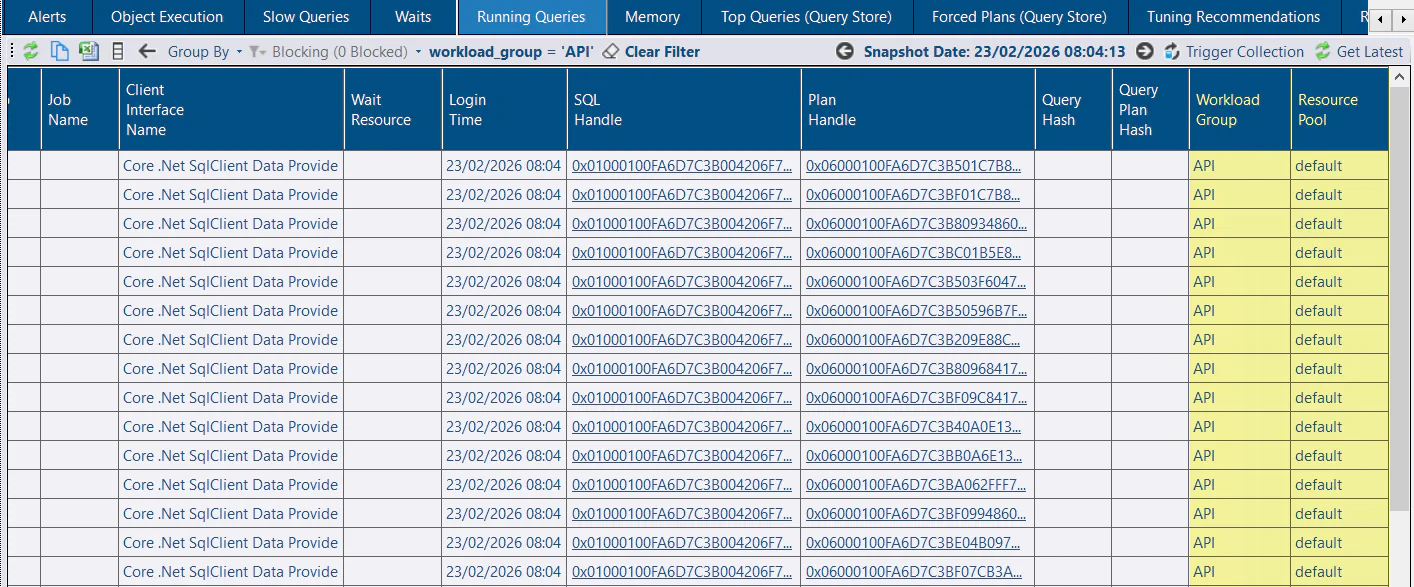 Running Queries tab - workload group & resource pool capture.  Detail