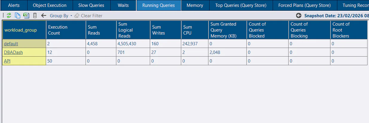 Running Queries tab - workload group & resource pool capture. Group By