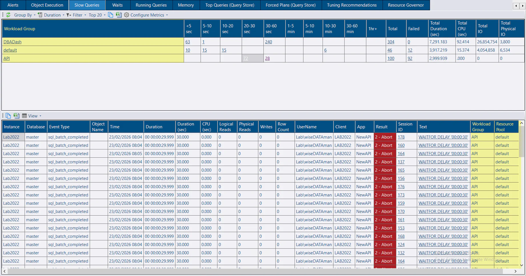 Slow Queries tab - workload group & resource pool capture