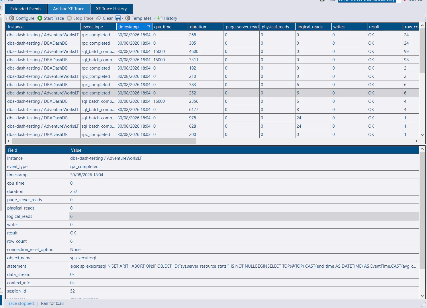 Multiple instance extended events trace