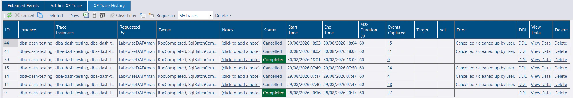 XE Trace History