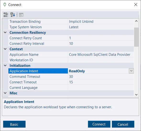 Connect Dialog - Advanced
