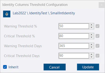 identity columns threshold configuration